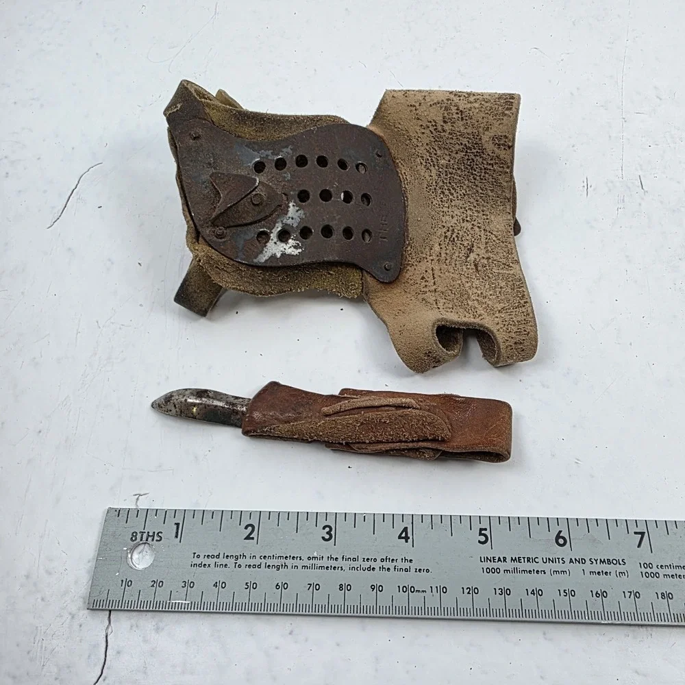 Antique Primitive Set of 2 Corn Husker Shucker Hand Farm Tool Metal Leather